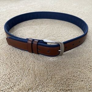 Nautica Sz 32 Canvas Leather Overlay Belt Brown Navy Blue Double Catch Logo
